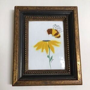 Enamel on Copper Framed Bee and Sunflower Mini Picture 4.5”x5.5” Mid Century Mod